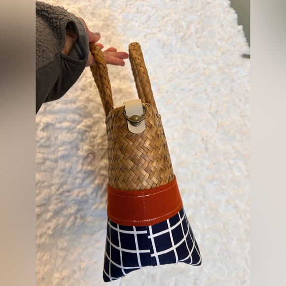 Woven Straw & Navy Grid Tote Bag with Rust Accent - Picture 7 of 12